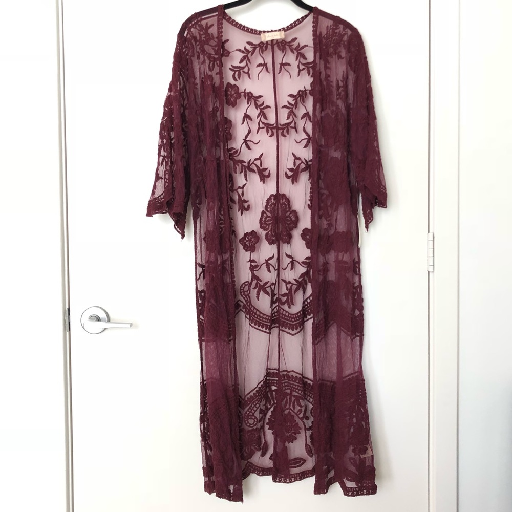 Altar’d State Wine Purple Lace Cardigan Coverup